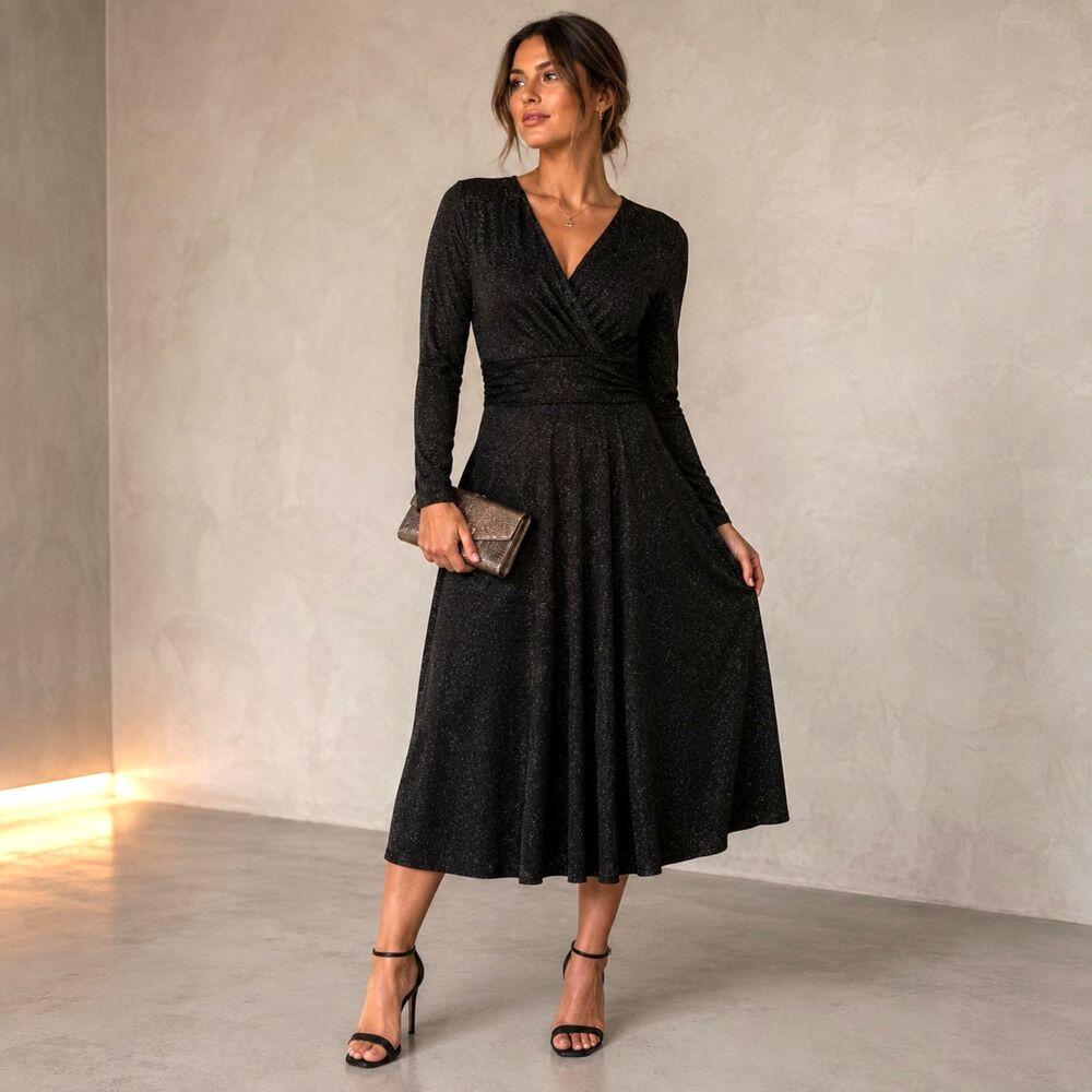 London Times Black Glitter Wrap Dress 12 Long Sleeve Midi Cocktail Holiday LBD